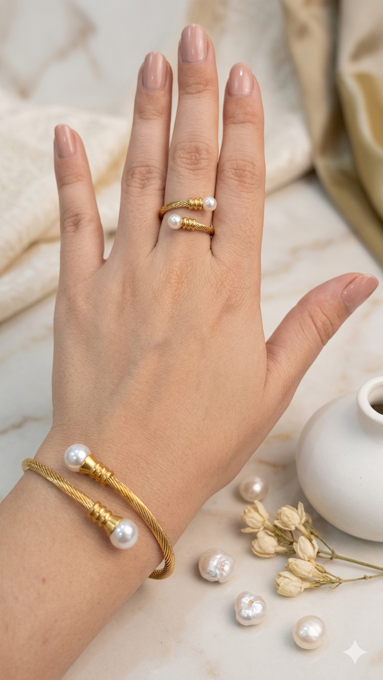 Pearl Twist Adjustable Hand-Cuff With Ring