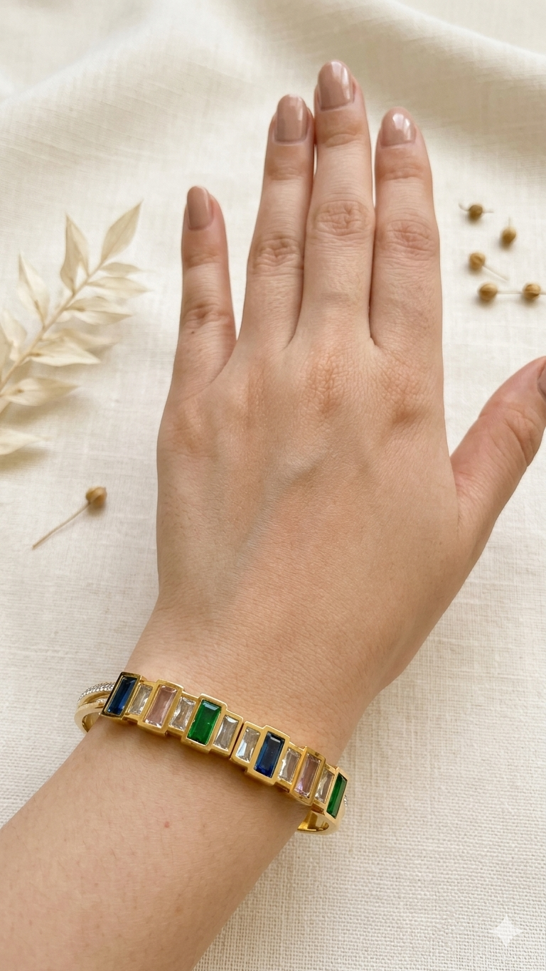 Rainbow Baguette Stone Handcuff Bangle