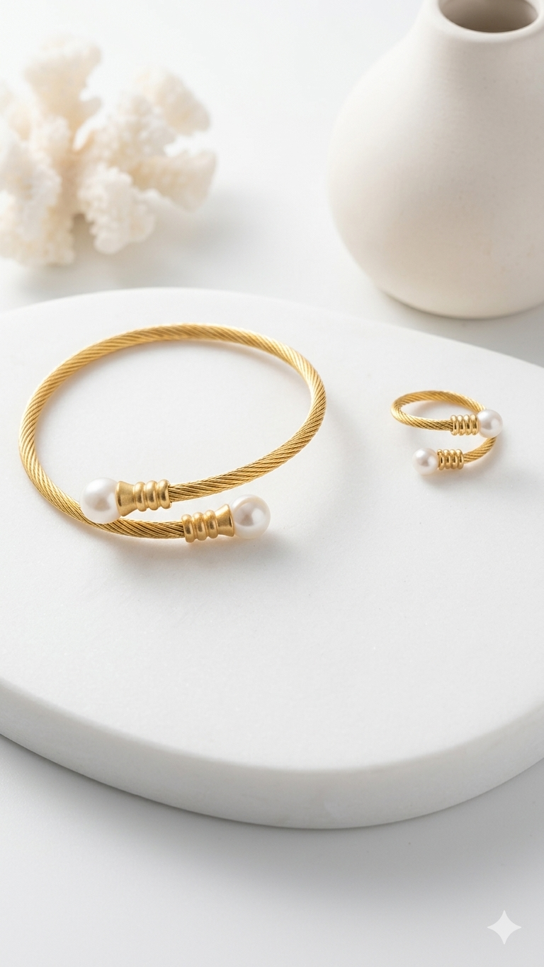 Pearl Twist Adjustable Hand-Cuff With Ring