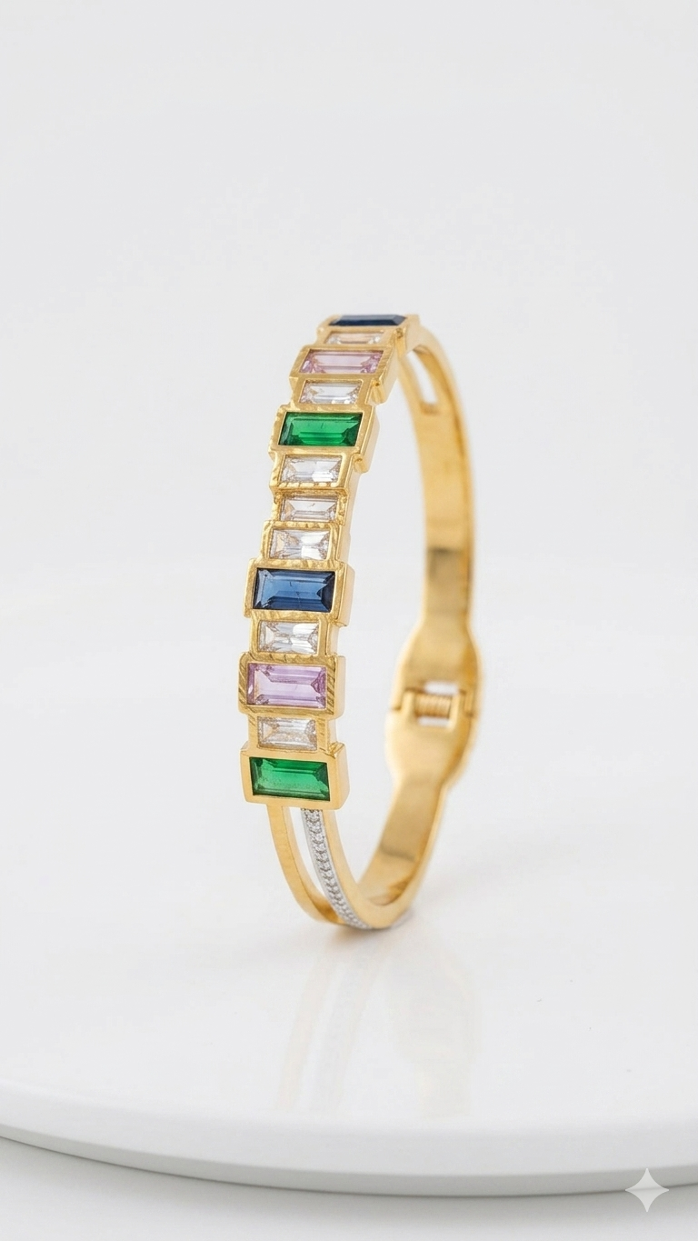 Rainbow Baguette Stone Handcuff Bangle