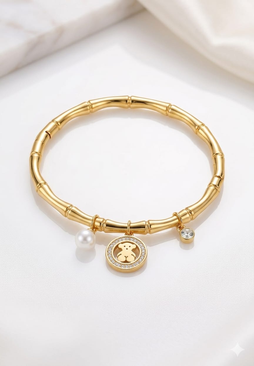 Bamboo Joint Bear Charm Bangle
