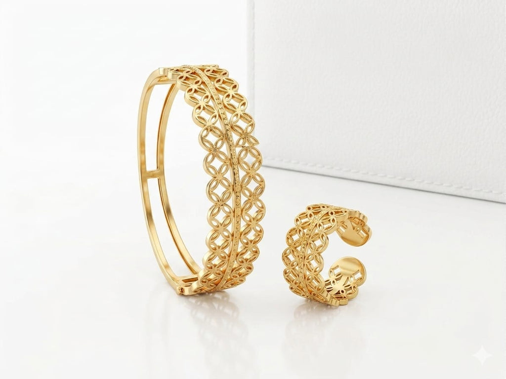 Gold Plated Filigree Openwork Bangle and Ring Set