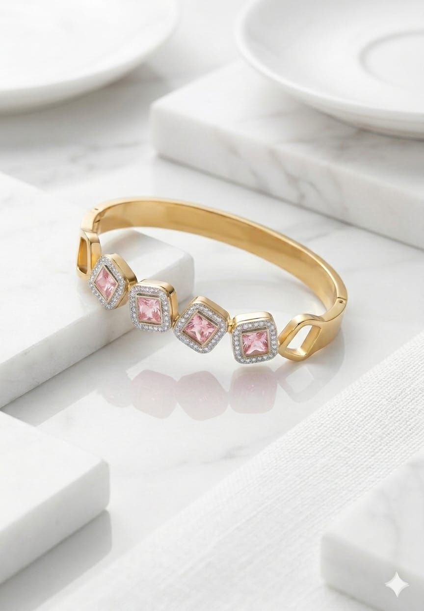 Gold Plated Square Pink Stone Cuff