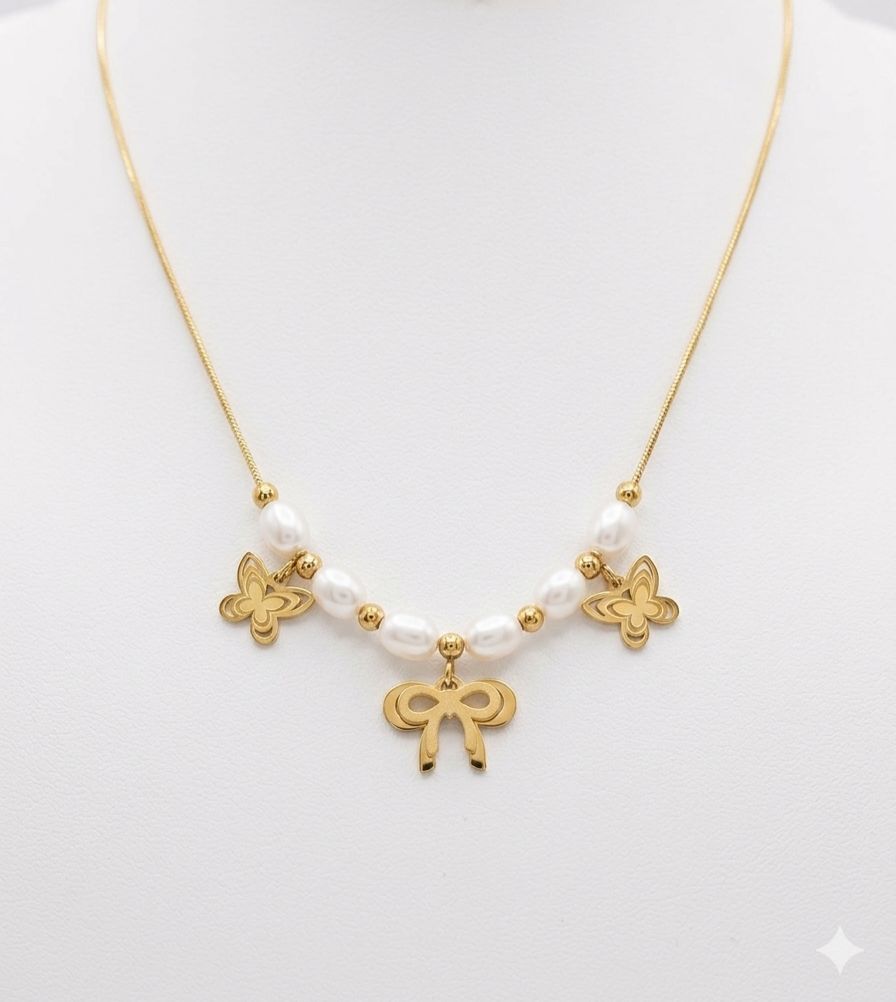 Butterfly and Bow Pearl Charm Necklace