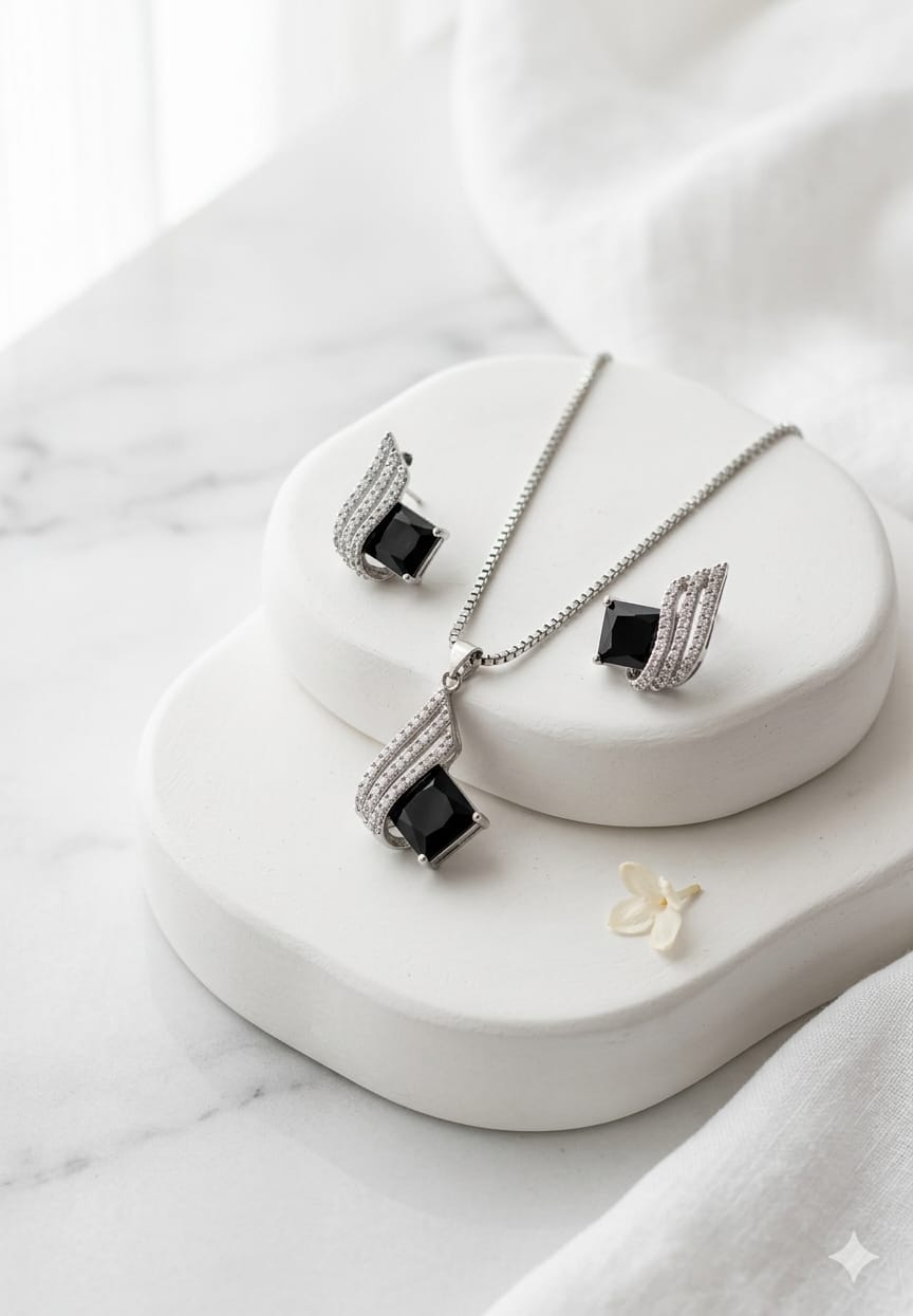 Silver-Tone Black Square Stone Jewelry Set
