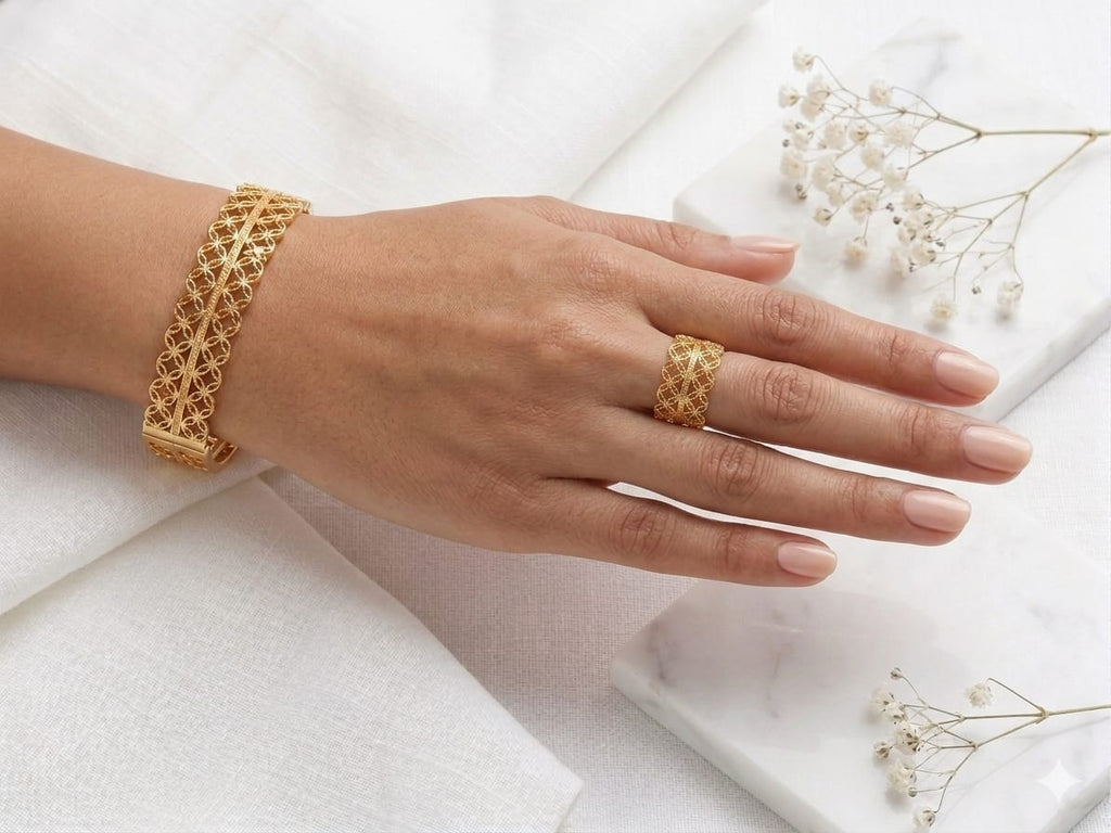 Gold Plated Filigree Openwork Bangle and Ring Set