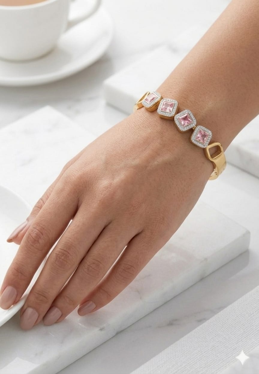 Gold Plated Square Pink Stone Cuff