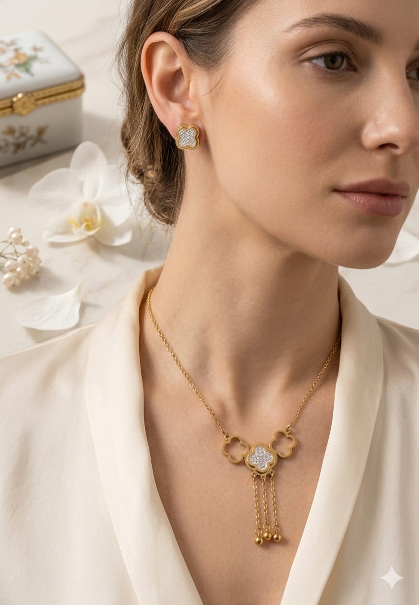Clover Charm Necklace and Stud Set