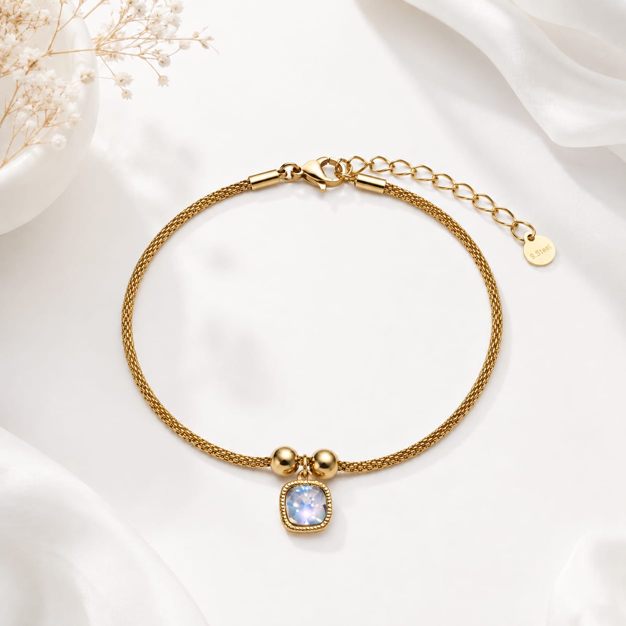 Mesh Chain Square Stone Bracelet