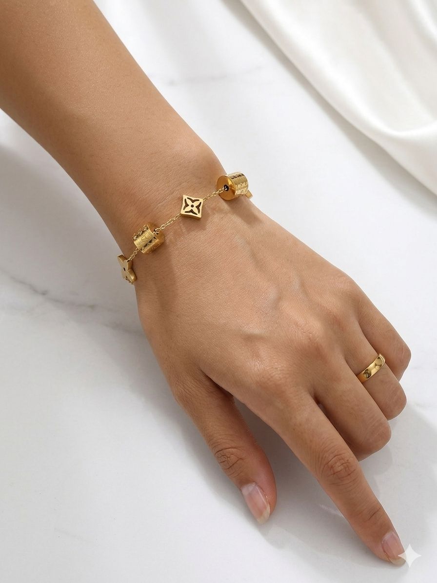 Floral Charm & Textured Bead Bracelet