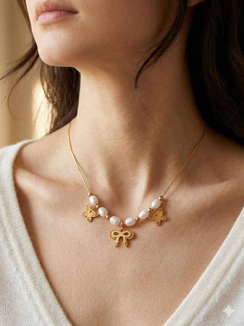 Butterfly and Bow Pearl Charm Necklace
