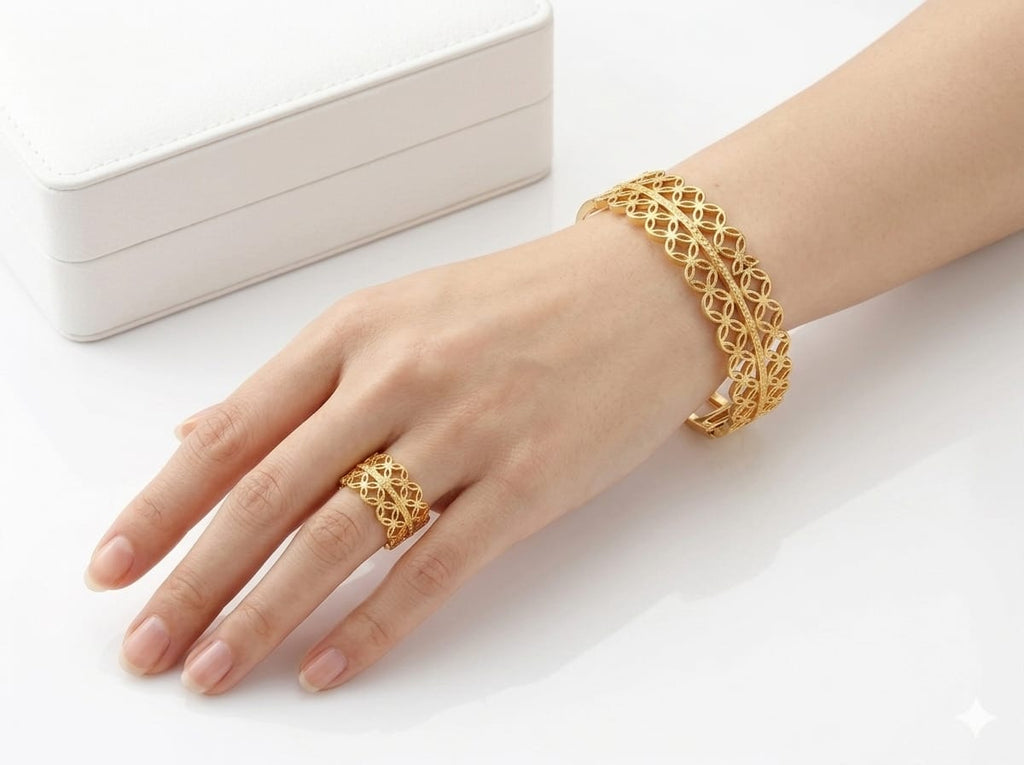 Gold Plated Filigree Openwork Bangle and Ring Set