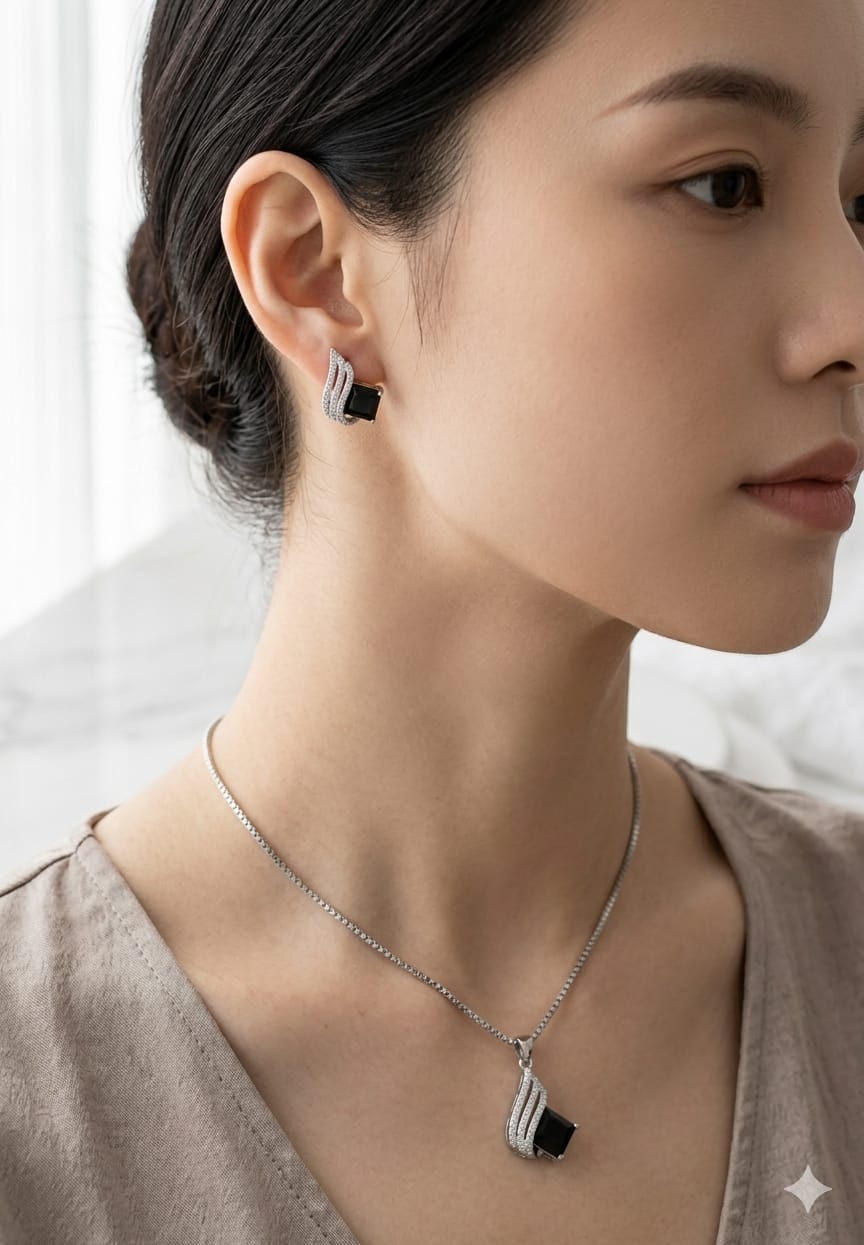 Silver-Tone Black Square Stone Jewelry Set