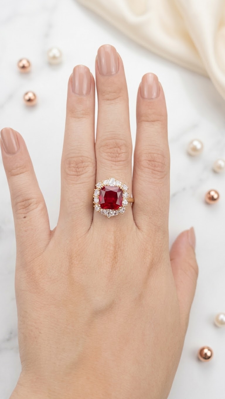 Cushion-Cut Ruby Halo Statement Ring