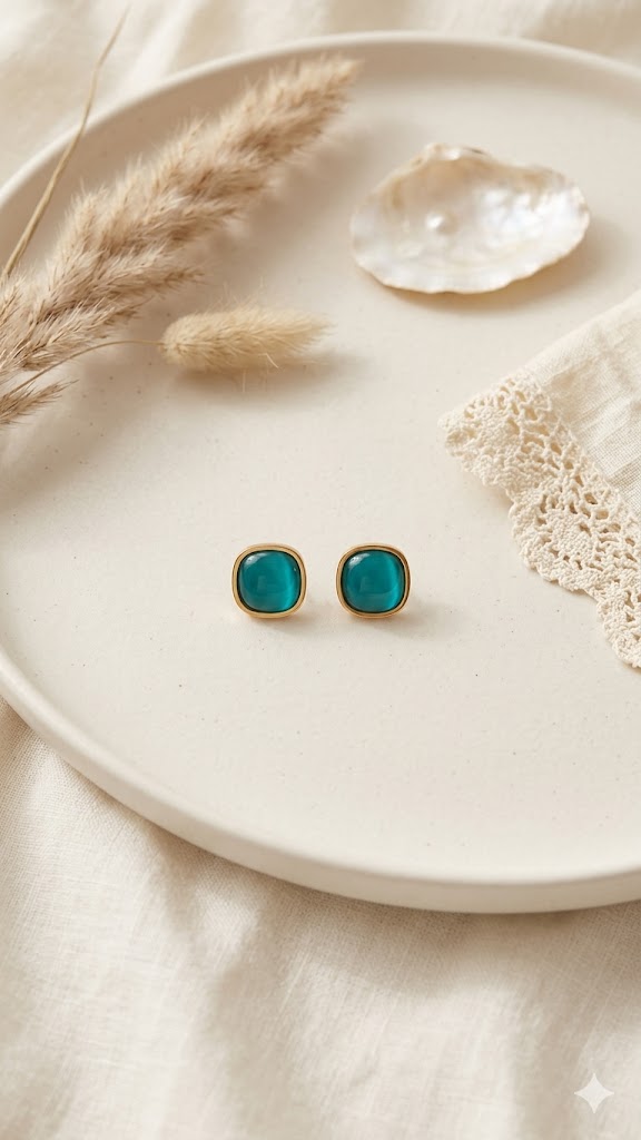 Teal Cat’s Eye Square Studs
