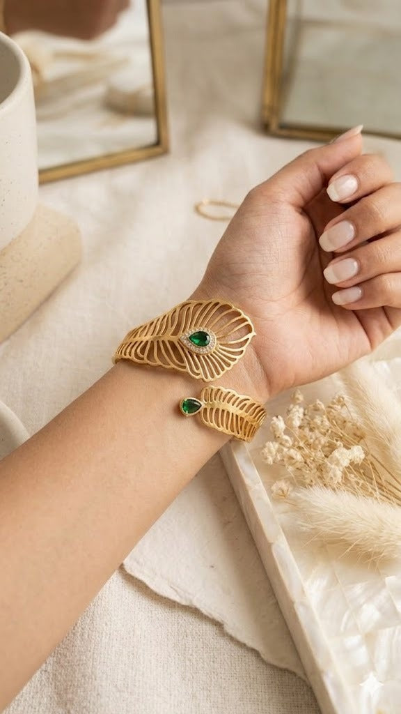 Emerald Peacock Feather Cuff