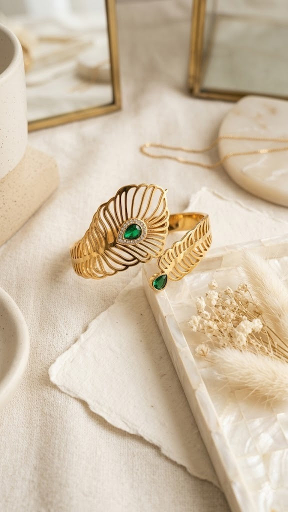 Emerald Peacock Feather Cuff