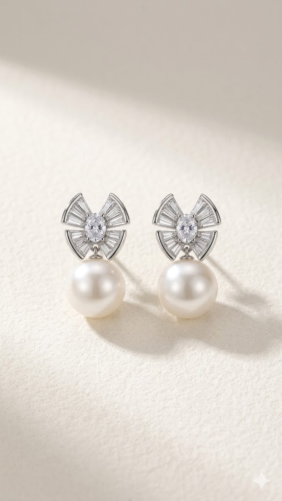 Silver Bow & Pearl Drop Studs