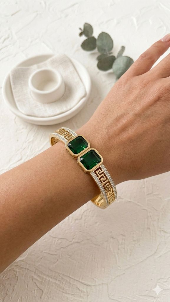 Emerald Zircon Stones Gold plated Hand Cuff