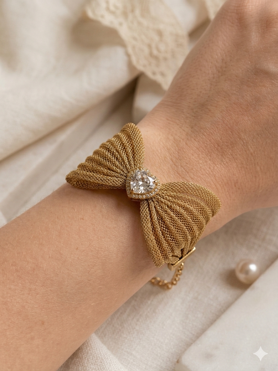 Heart of Gold Mesh Bow Bracelete