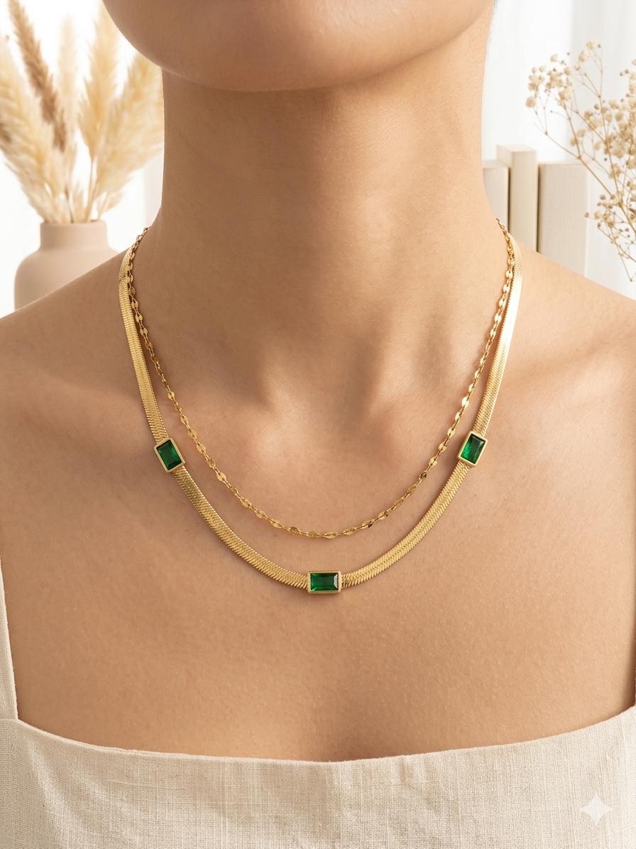 Double Layered Emerald Stone Necklace