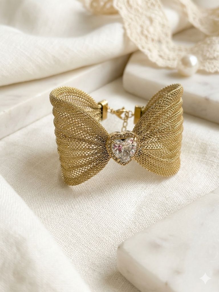 Heart of Gold Mesh Bow Bracelete