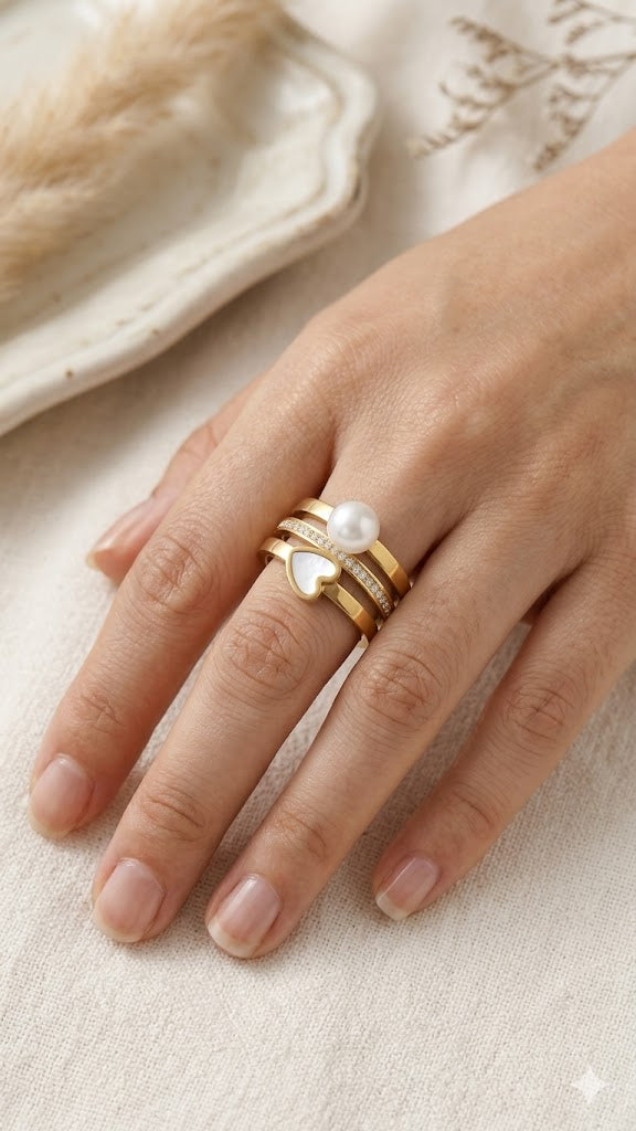Triple Band Heart and Pearl Ring
